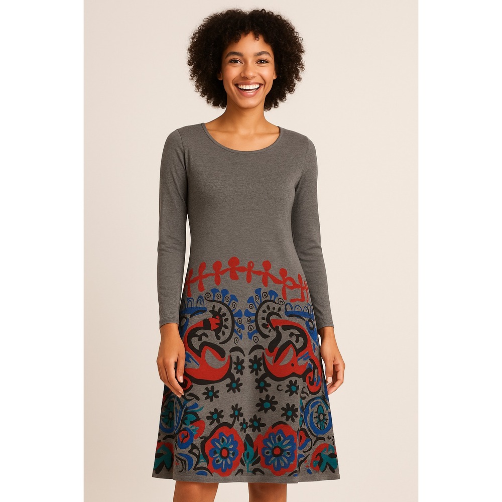 Desigual Dress S Grey Long Sleeve Printed Boho Art Casual Fit Flare Knee Length